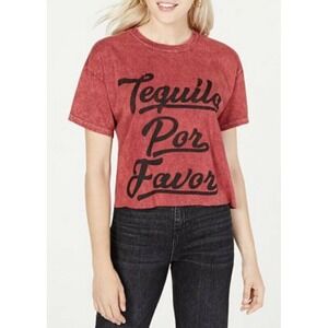 True Vintage Women's Cotton Tequila Por Favor Graphic T-Shirt Crop‎ Top L Maroon